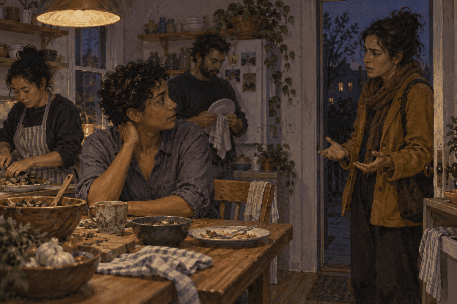 A person listens closely to their friend while noticing tension in their own neck; cooking continues nearby.