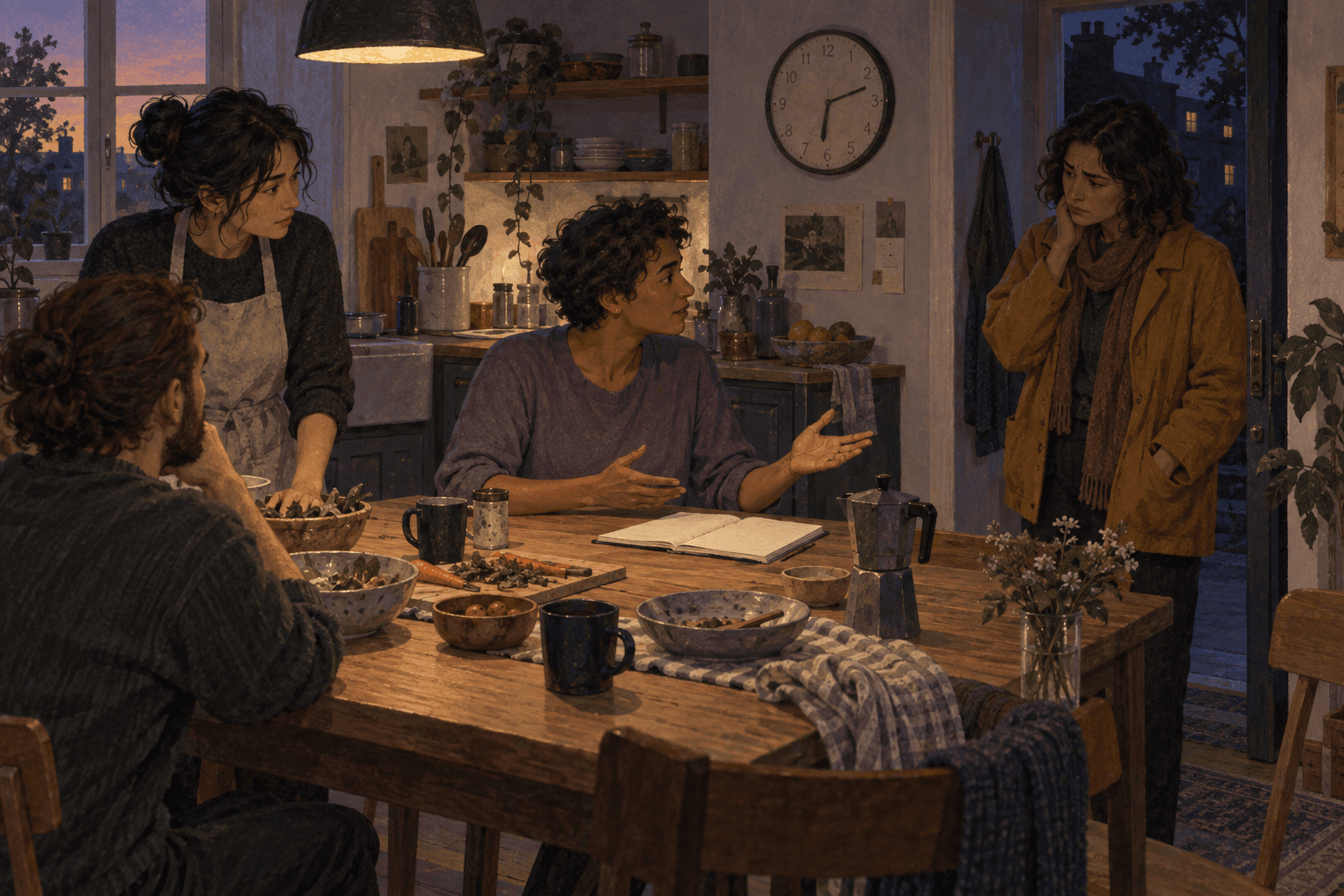 At the kitchen table, a person discusses a plan with their friend and collaborators beside an open notebook.