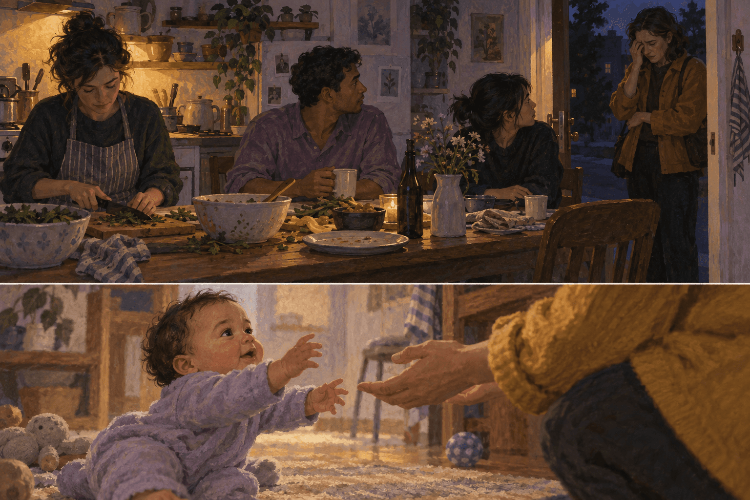 Two painted scenes: friends preparing dinner above, and an infant reaching toward a caregiver below.