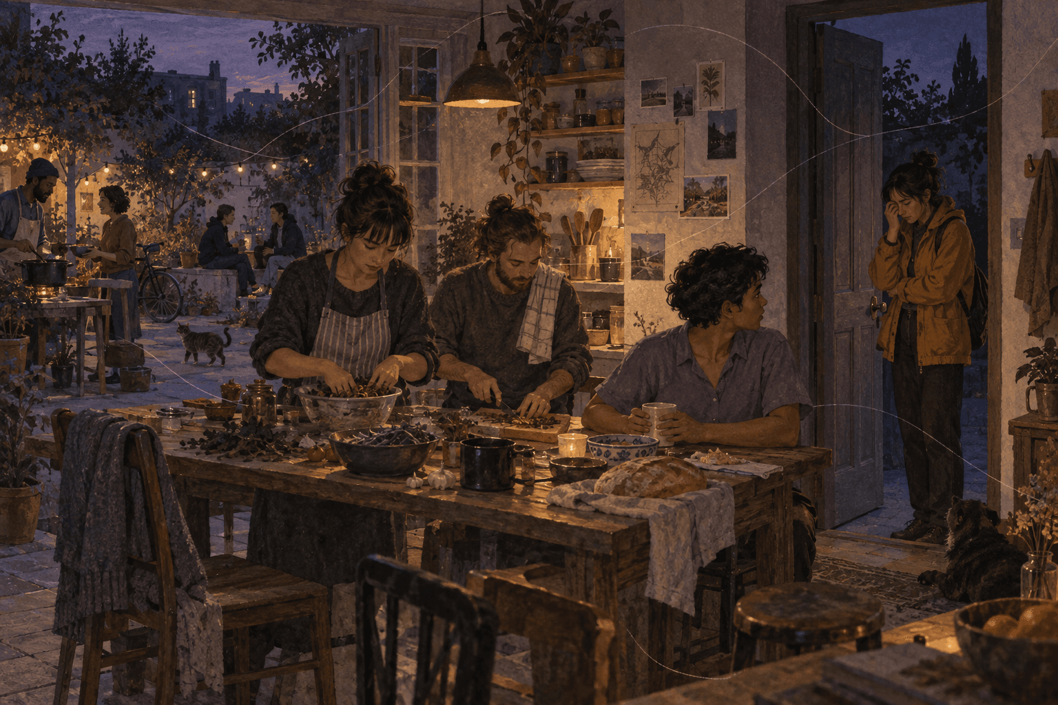 The kitchen opens onto a courtyard where many people contribute to an evening of food and companionship.